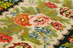 Moldovian Floral Black Floral Cotton Wool Goat Hair Handmade Rug 5'11'' x 8'6''