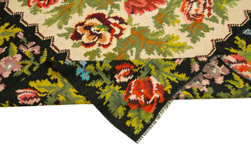 Moldovian Floral Black Floral Cotton Wool Goat Hair Handmade Rug 5'11'' x 8'6''