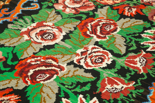 Moldovian Floral Black Floral Cotton Wool Goat Hair Handmade Rug 6'6'' x 9'0''