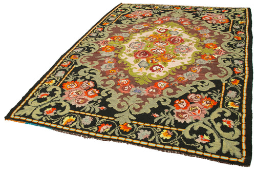 Moldovian Floral Black Floral Cotton Wool Goat Hair Handmade Rug 6'7'' x 10'0''
