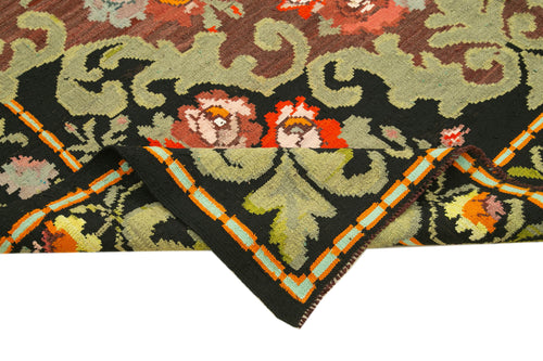 Moldovian Floral Black Floral Cotton Wool Goat Hair Handmade Rug 6'7'' x 10'0''