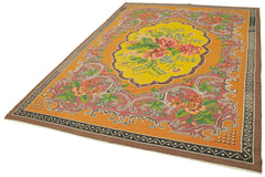 Moldovian Floral Yellow Floral Cotton Wool Goat Hair Handmade Rug 6'7'' x 9'4''