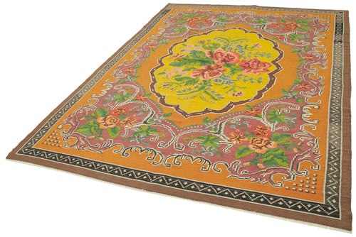 Moldovian Floral Yellow Floral Cotton Wool Goat Hair Handmade Rug 6'7'' x 9'4''