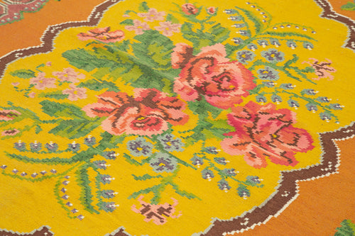 Moldovian Floral Yellow Floral Cotton Wool Goat Hair Handmade Rug 6'7'' x 9'4''