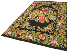 Moldovian Floral Black Floral Cotton Wool Goat Hair Handmade Rug 5'8'' x 10'2''