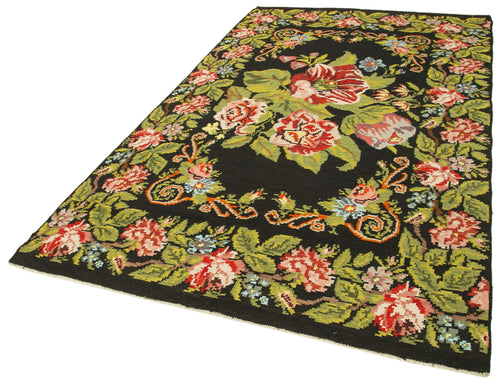 Moldovian Floral Black Floral Cotton Wool Goat Hair Handmade Rug 5'8'' x 10'2''