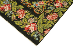 Moldovian Floral Black Floral Cotton Wool Goat Hair Handmade Rug 5'8'' x 10'2''