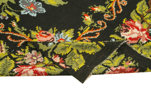 Moldovian Floral Black Floral Cotton Wool Goat Hair Handmade Rug 5'8'' x 10'2''
