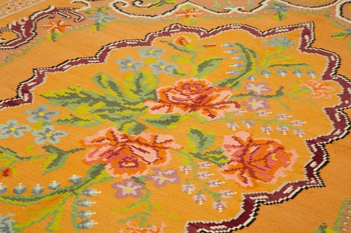 Moldovian Floral Yellow Floral Cotton Wool Goat Hair Handmade Rug 6'7'' x 9'10''