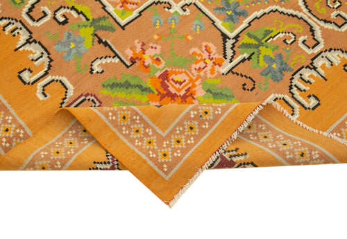 Moldovian Floral Yellow Floral Cotton Wool Goat Hair Handmade Rug 6'7'' x 9'10''