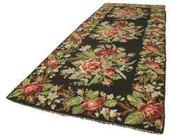 Moldovian Floral Black Floral Cotton Goat Hair Wool Handmade Area Rug 5'8'' x 14'11''