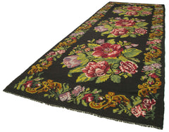 Moldovian Floral Black Floral Cotton Goat Hair Wool Handmade Area Rug 6'0'' x 17'5''