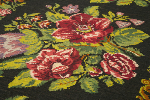 Moldovian Floral Black Floral Cotton Goat Hair Wool Handmade Area Rug 6'0'' x 17'5''