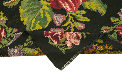 Moldovian Floral Black Floral Cotton Goat Hair Wool Handmade Area Rug 6'0'' x 17'5''