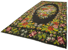 Moldovian Floral Black Floral Cotton Goat Hair Wool Handmade Area Rug 6'11'' x 16'10''