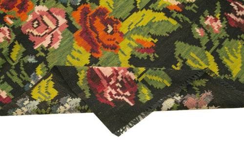 Moldovian Floral Black Floral Cotton Goat Hair Wool Handmade Area Rug 6'11'' x 16'10''