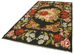 Moldovian Floral Black Floral Cotton Wool Goat Hair Handmade Rug 5'9'' x 10'6''