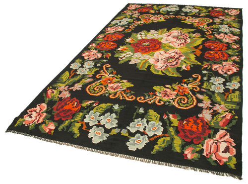 Moldovian Floral Black Floral Cotton Wool Goat Hair Handmade Rug 5'9'' x 10'6''