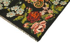Moldovian Floral Black Floral Cotton Wool Goat Hair Handmade Rug 5'9'' x 10'6''