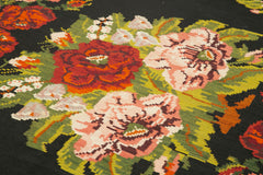 Moldovian Floral Black Floral Cotton Wool Goat Hair Handmade Rug 5'9'' x 10'6''