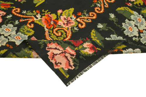 Moldovian Floral Black Floral Cotton Wool Goat Hair Handmade Rug 5'9'' x 10'6''