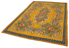 Moldovian Floral Yellow Floral Cotton Wool Goat Hair Handmade Rug 6'1'' x 8'10''