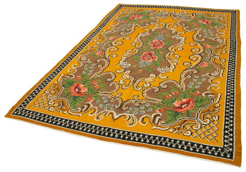 Moldovian Floral Yellow Floral Cotton Wool Goat Hair Handmade Rug 6'1'' x 8'10''