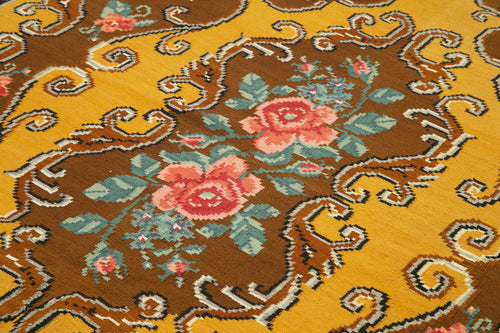 Moldovian Floral Brown Floral Cotton Wool Goat Hair Handmade Rug 5'9'' x 8'7''