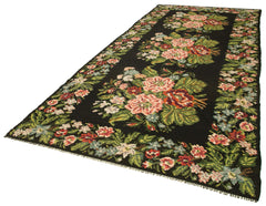 Moldovian Floral Black Floral Cotton Goat Hair Wool Handmade Area Rug 6'2'' x 14'4''
