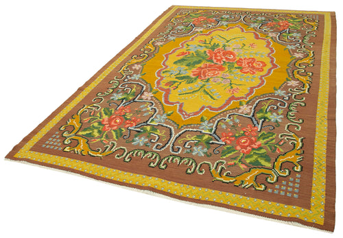 Moldovian Floral Brown Floral Cotton Wool Goat Hair Handmade Rug 6'7'' x 9'9''