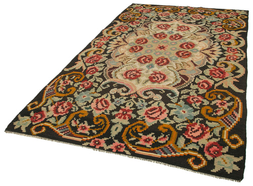 Moldovian Floral Black Floral Cotton Wool Goat Hair Handmade Rug 5'9'' x 9'4''