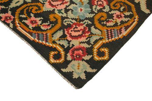 Moldovian Floral Black Floral Cotton Wool Goat Hair Handmade Rug 5'9'' x 9'4''