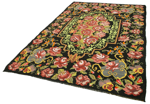 Moldovian Floral Black Floral Cotton Wool Goat Hair Handmade Rug 6'2'' x 9'6''