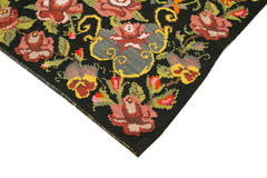 Moldovian Floral Black Floral Cotton Wool Goat Hair Handmade Rug 6'2'' x 9'6''