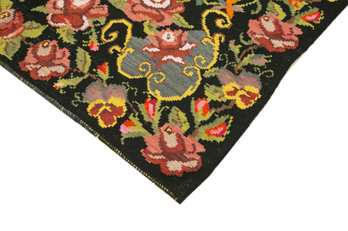 Moldovian Floral Black Floral Cotton Wool Goat Hair Handmade Rug 6'2'' x 9'6''