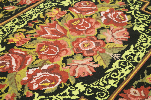 Moldovian Floral Black Floral Cotton Wool Goat Hair Handmade Rug 6'2'' x 9'6''