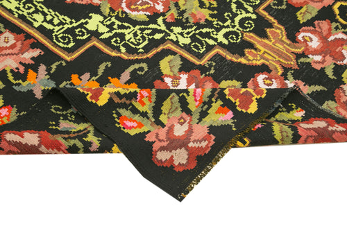 Moldovian Floral Black Floral Cotton Wool Goat Hair Handmade Rug 6'2'' x 9'6''