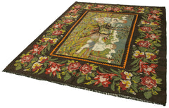 Moldovian Floral Black Floral Cotton Wool Goat Hair Handmade Rug 6'4'' x 7'10''