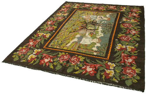 Moldovian Floral Black Floral Cotton Wool Goat Hair Handmade Rug 6'4'' x 7'10''