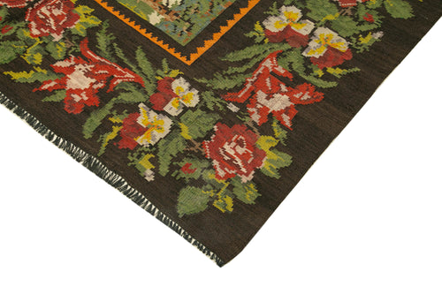 Moldovian Floral Black Floral Cotton Wool Goat Hair Handmade Rug 6'4'' x 7'10''