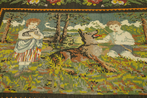 Moldovian Floral Black Floral Cotton Wool Goat Hair Handmade Rug 6'4'' x 7'10''