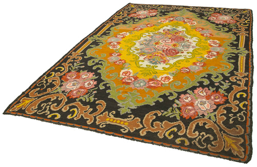 Moldovian Floral Black Floral Cotton Wool Goat Hair Handmade Rug 6'10'' x 10'10''