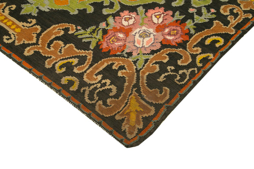 Moldovian Floral Black Floral Cotton Wool Goat Hair Handmade Rug 6'10'' x 10'10''