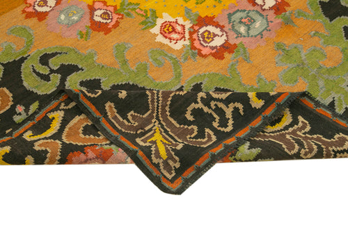 Moldovian Floral Black Floral Cotton Wool Goat Hair Handmade Rug 6'10'' x 10'10''