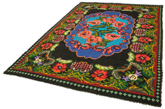 Moldovian Floral Black Floral Cotton Wool Goat Hair Handmade Rug 6'7'' x 9'9''