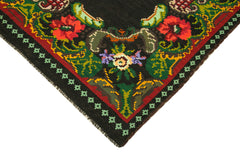 Moldovian Floral Black Floral Cotton Wool Goat Hair Handmade Rug 6'7'' x 9'9''