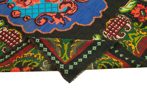 Moldovian Floral Black Floral Cotton Wool Goat Hair Handmade Rug 6'7'' x 9'9''