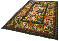 Moldovian Floral Black Floral Cotton Wool Goat Hair Handmade Rug 6'2'' x 9'11''