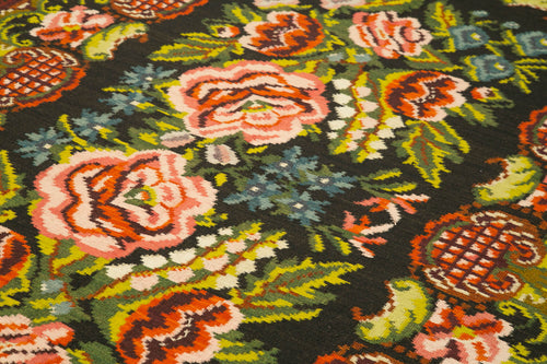 Moldovian Floral Black Floral Cotton Wool Goat Hair Handmade Rug 6'2'' x 9'11''