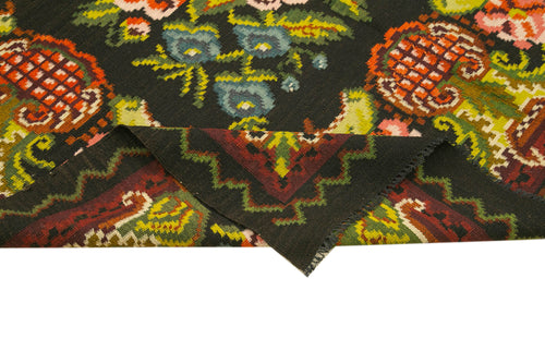 Moldovian Floral Black Floral Cotton Wool Goat Hair Handmade Rug 6'2'' x 9'11''